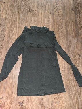 Ruffled High-Neck Long Sleeve Top - Olive Green